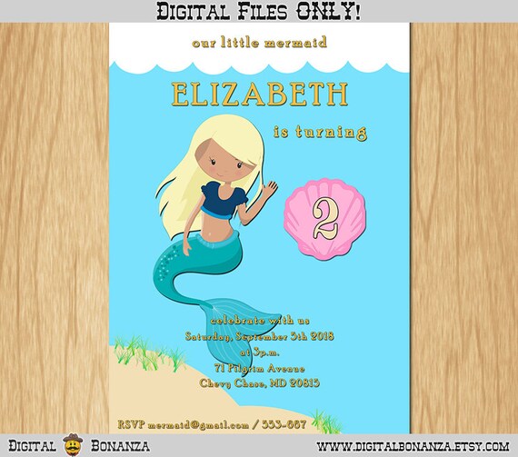 Mermaid Invitation Birthday, Beach Party Invite with Seashell, Our Little Mermaid Printable Birthday Invitation, Blond Hair, Printable K0032 Il_570xn