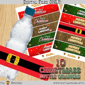 Etichette per bottiglie d&#39;acqua natalizie, Buon Natale, Felice Anno Nuovo, Confezione per bottiglie di Natale, Cintura di Babbo Natale, Download immediato - File digitale PDF WBXmas