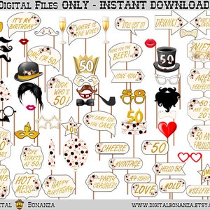 50th Birthday Party Printable Photo Booth Props Marsala Bouquet Gold ...