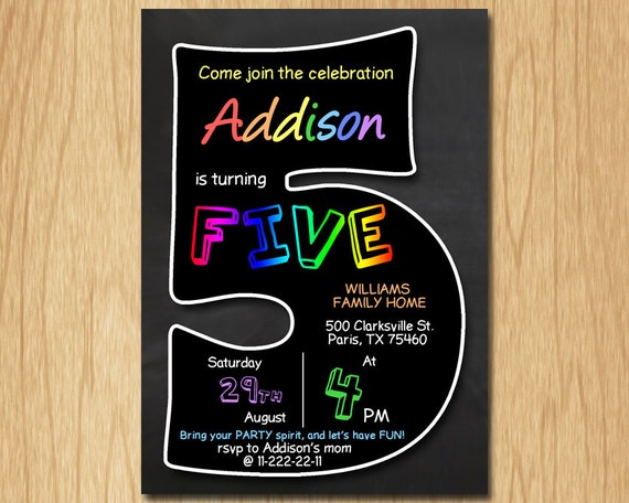 5th birthday invitation chalkboard invite rainbow colors fifth birthday party boy girl birthday DIGITAL FILE ONLY KNB031 Il_570xn