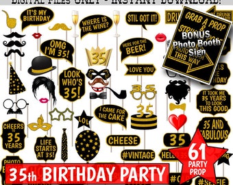 Accessori per Photo Booth per 35° compleanno, glitter nero e oro. Photobooth stampabile.