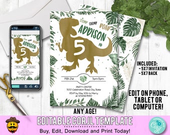 Dinosaur Birthday Printable Invite, Dino Invitation Boy, T-Rex Dinosaur Birthday Invitation, Gold T-Rex Editable Dino Template