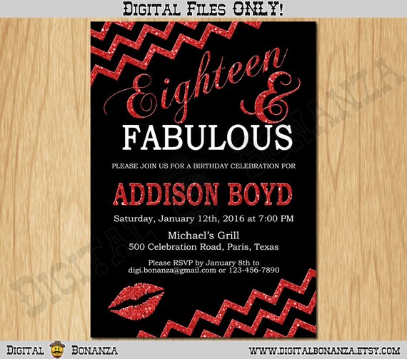 18th Birthday Invitation Women Eighteen Black Red Glitter Birthday Party Invite FABULOUS Adult Teen Surprise Birthday Printable F18-001 Il_570xn