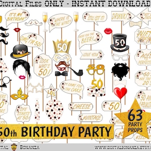 50th Birthday Party Printable Photo Booth Props Marsala Bouquet Gold ...