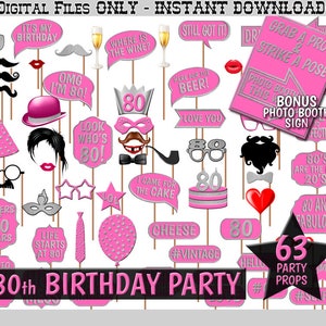 80th Birthday Party Printable Photo Booth Props, Hot Pink and Silver, Photobooth Selfies, Birthday Decoration