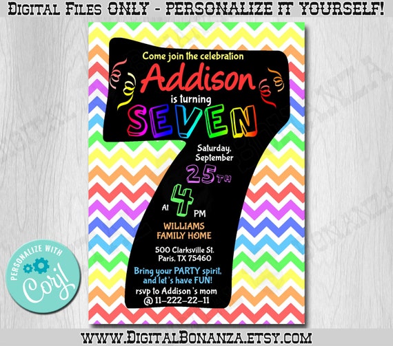 7th Birthday Invitation Rainbow Chevron. Edit Yourself Online. Seventh Birthday Party Invite Boy or Girl Printable Digital DIY Corjl KNB022c Il_570xn