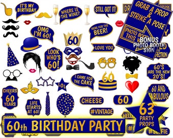 60th Birthday Photo Booth Props, Navy Blue and Gold (Digital Download)