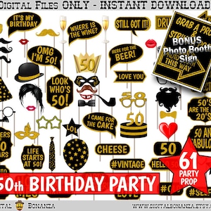 May include: A set of 61 black and gold photo booth props for a 50th birthday party. The props include a variety of fun and festive designs, such as hats, glasses, moustaches, and signs. The props are perfect for adding some fun and laughter to your party.