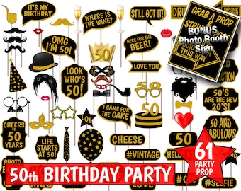 50th Birthday Party Photo Booth Props, Black and Gold Glitter. Photobooth Party Decoration