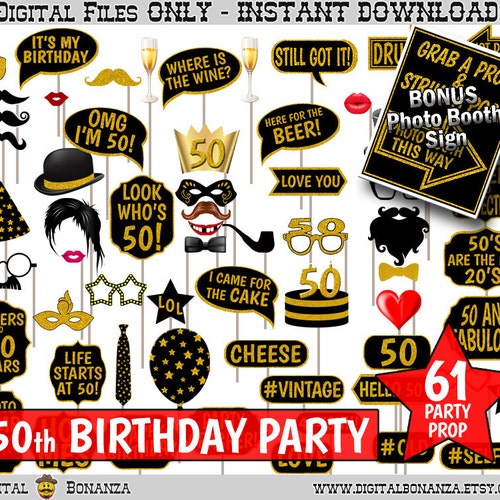 50th Birthday Photo Booth Props: Printable PDF. Black and Gold - Etsy