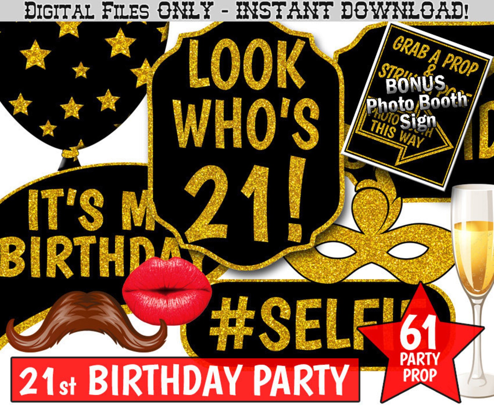 21st Birthday Party Printable Photo Booth Props. Black and - Etsy