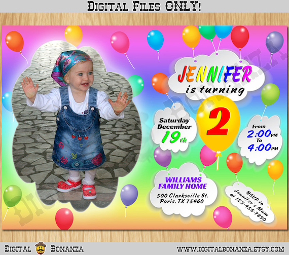 Cloud Birthday Invitation with Balloons, Rainbow Invitation Back, Balloons and Clouds Birthday Party Digital Invitation Printable K0016 Il_570xn