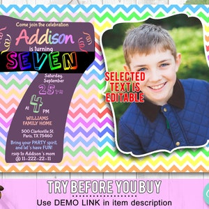 7th Birthday Invitation Rainbow Chevron. Edit Yourself Online. Seventh Birthday Party Invite with Photo Printable Digital DIY Corjl image 3