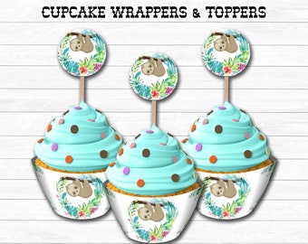 Sloth Birthday Cupcake Wrapper and Topper, Instant Download- PDF Digital File Only