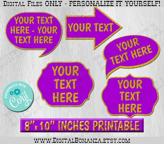 Editable Photo Booth Props Add Your Text Custom Speech Bubble Gold Glitter and Purple Custom Photo Prop Digital File. Edit Online with Corjl Il_570xn