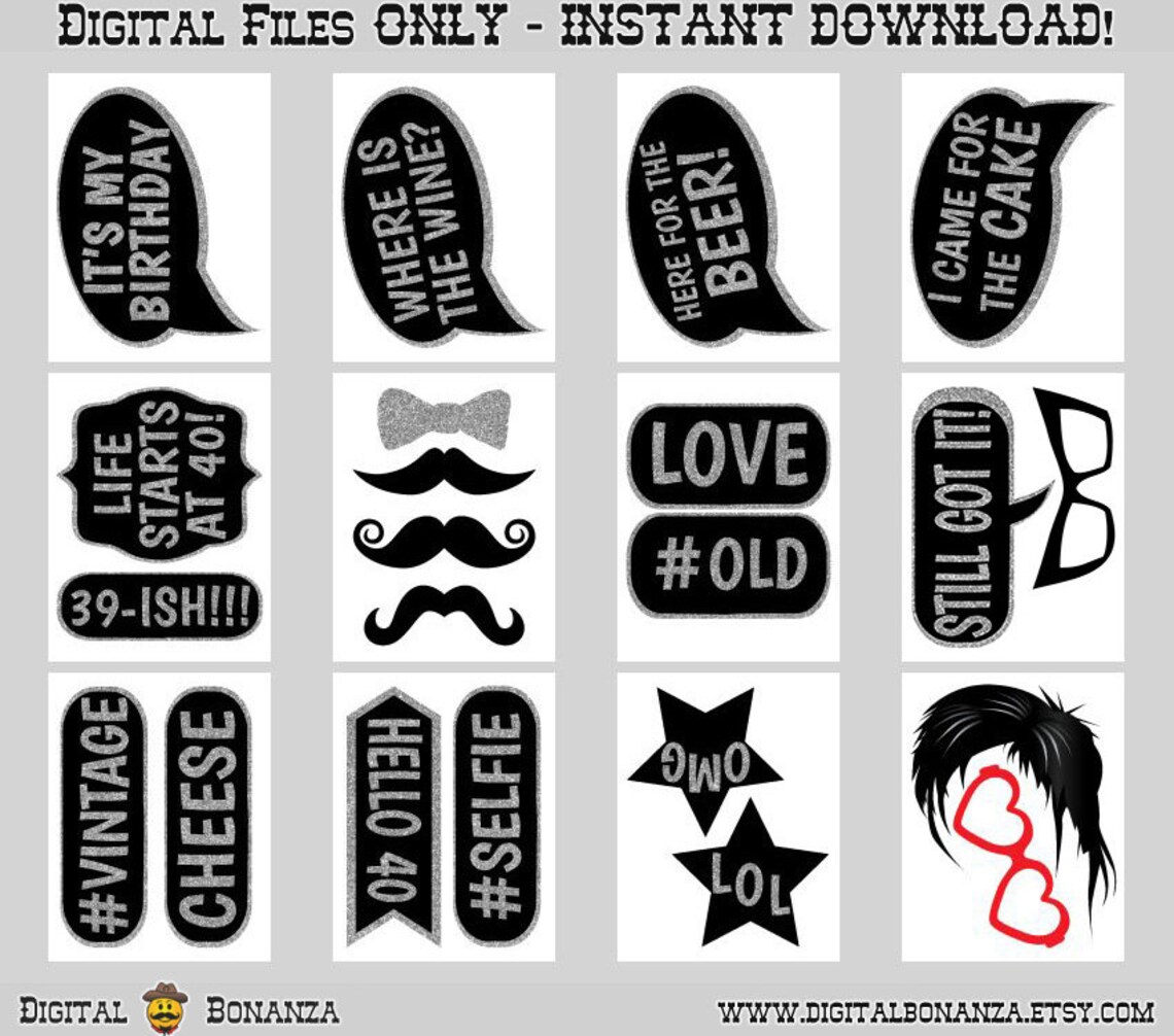 40th Birthday Party Printable Photo Booth Props. Black and | Etsy