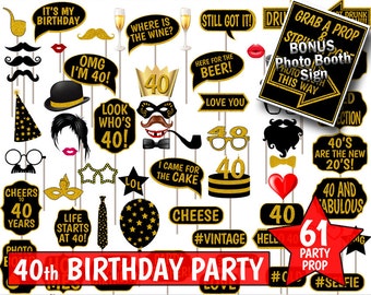 Accessori per photo booth per 40° compleanno, glitter oro, festa nera (download digitale)