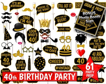 40th Birthday Photo Booth Props, Gold Glitter and Black Party Printable. Photobooth Selfies. Birthday party decoration.