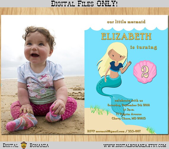 Mermaid Birthday Invitation, Beach Party Invite, Our Little Mermaid Invitation, Seashell, Blond Mermaid Invitation, Printable K0028 Il_570xn