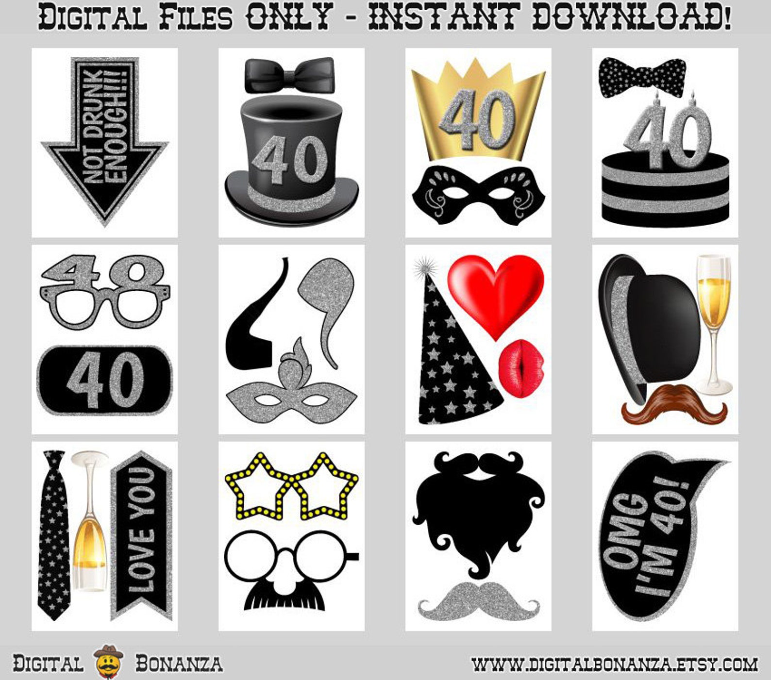 40th Birthday Party Printable Photo Booth Props. Black and | Etsy