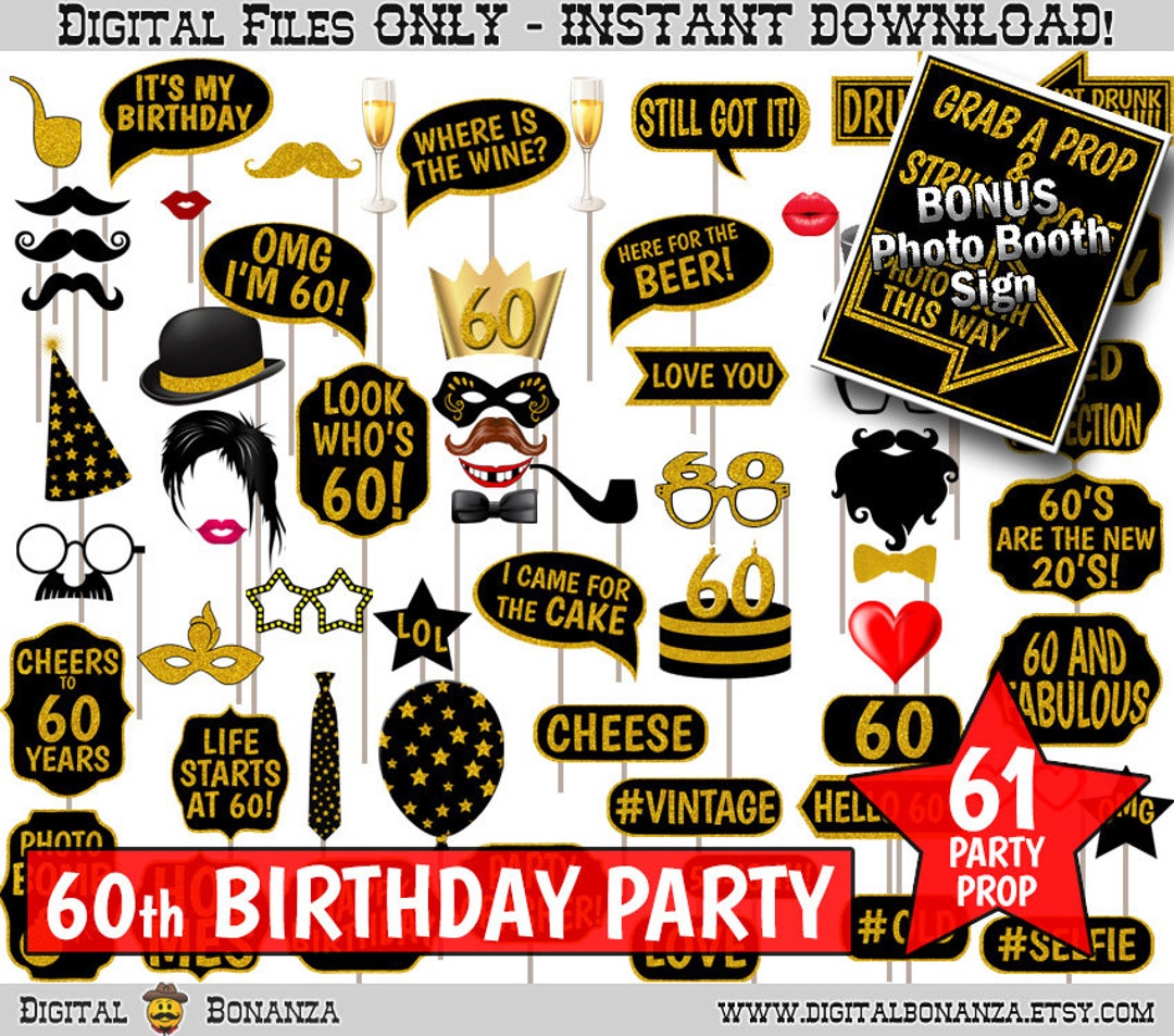60th Birthday Party Printable Photo Booth Props. Black and Gold Glitter. Photobooth Selfies, Speech, Glasses, Hats, Ties, Lips, Mustaches. - Etsy