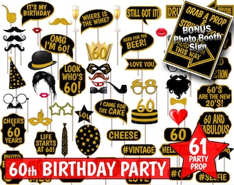 Accessori per photo booth per 60° compleanno, nero e oro (download digitale)