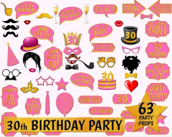 30th Birthday Photo Booth Props, Gold Foil, Pink (Digital Download)