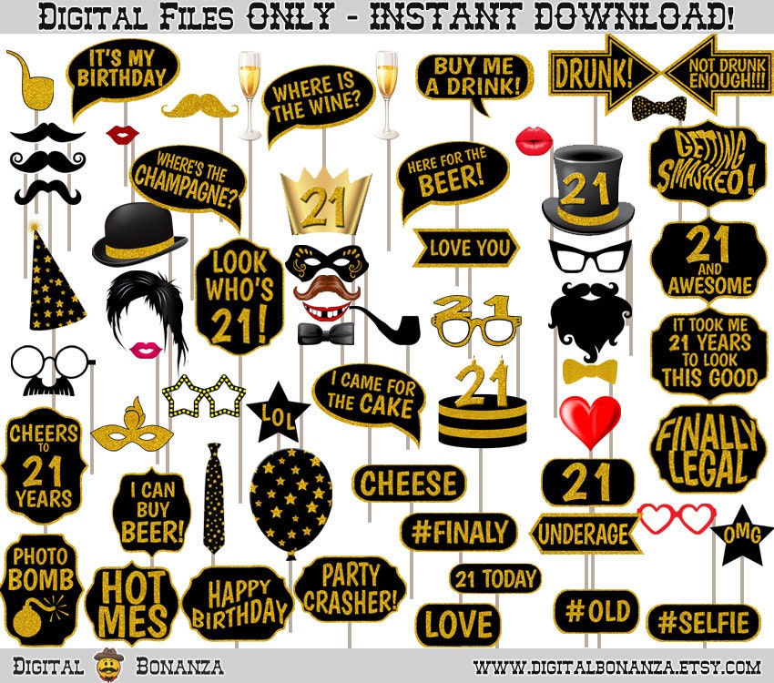 21st Birthday Party Printable Photo Booth Props. Black and - Etsy