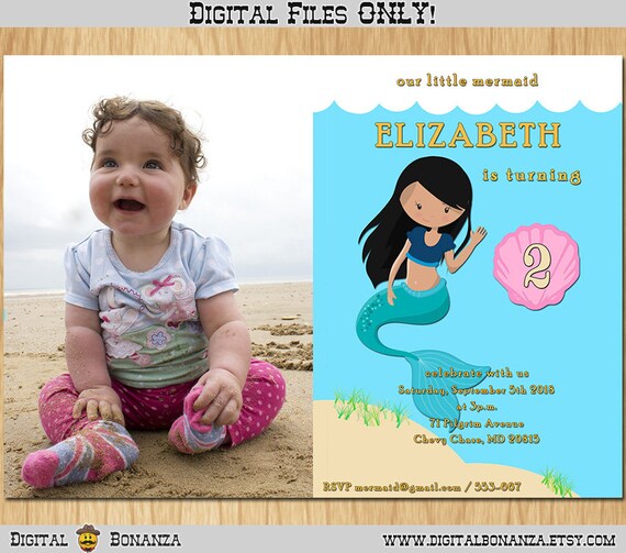 Mermaid Invitation Birthday, Beach Party Invite with Seashell, Our Little Mermaid Printable Birthday Invitation, Black Hair, Printable K0029 Il_570xn