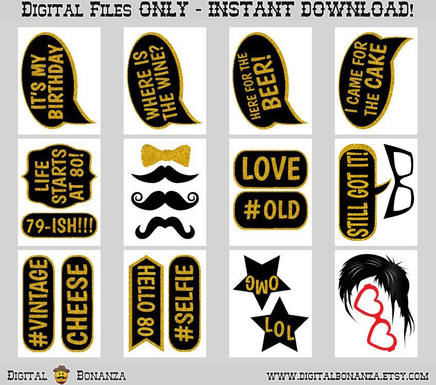 80th Birthday Party Printable Photo Booth Props. Black and - Etsy