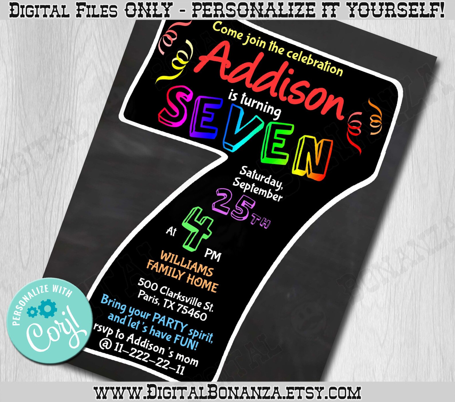 7th Birthday Invitation Chalkboard. Edit Yourself Online. Etsy