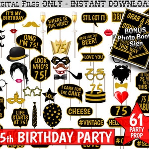 75th Birthday Party Photo Booth Props, Black and Gold Glitter. Printable Photobooth.