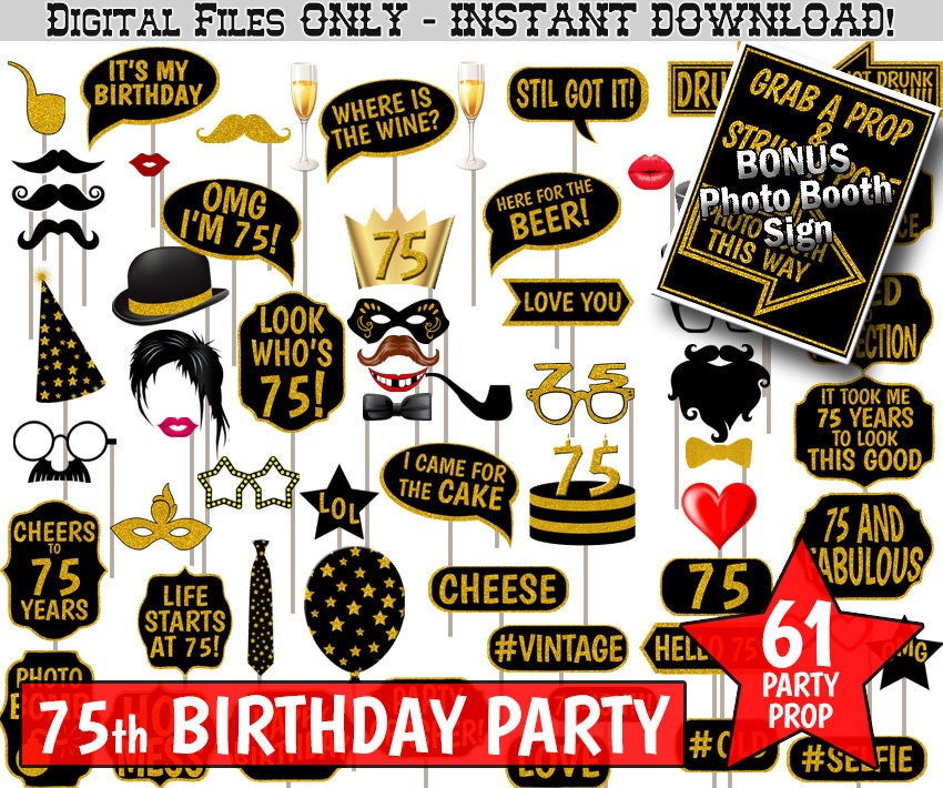 75th Birthday Party Photo Booth Props, Black and Gold Glitter.…