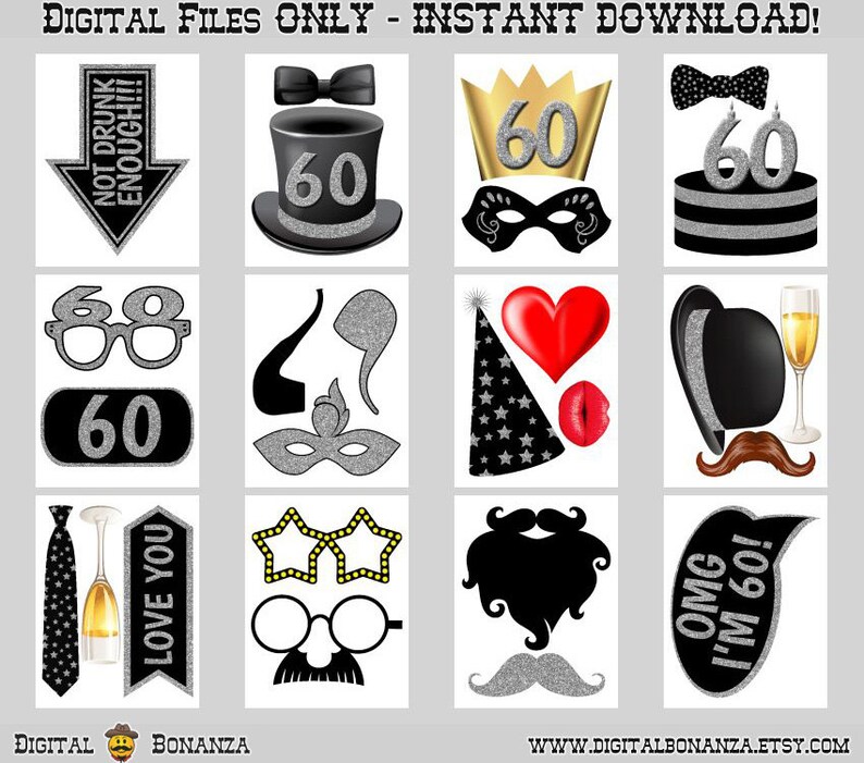 Speech Ties Mustaches. Black and Silver Glitter 60th Birthday Party Printable Photo Booth Props Lips Hats Photobooth Selfies Glasses