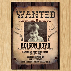 Invitación de cumpleaños de vaquero, póster de búsqueda, invitación para fiesta de cumpleaños del Viejo Oeste con foto personalizada, para niño o niña, imprimible digitalmente, KW002