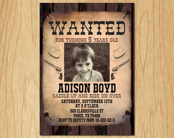 Cowboy Birthday Invitation Wanted Poster Old Wild West Birthday Party Invite with Custom Photo Boy or Girl Printable digital DIY KW002