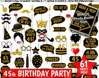 Accessori per Photo Booth per 45° compleanno, glitter nero e oro. Photobooth stampabile.