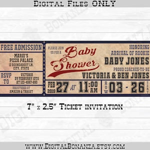 Baseball Baby Shower Invitations, Vintage Baseball Ticket Invitation, Vintage Baby Shower, Digital Files Only Print It Yourself image 1