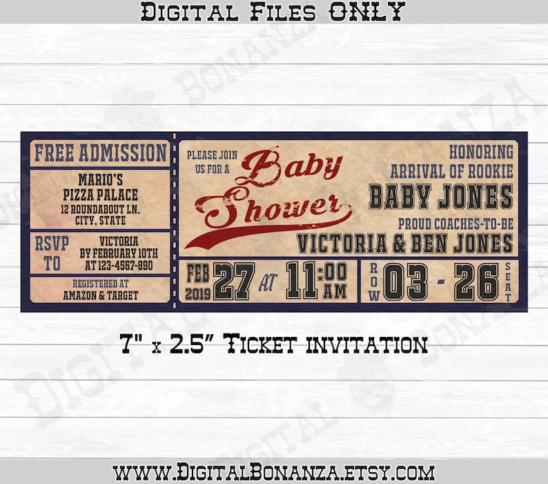 Baseball Baby Shower Invitations, Vintage Baseball Ticket Invitation, Vintage Baby Shower, Digital Files Only Print It Yourself image 1