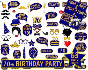 70th Birthday Photo Booth Props, Navy Blue and Gold (Digital Download)
