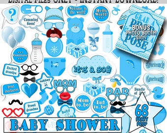 Boy Baby Shower Photo Booth Props, 68 Piece Set (Digital Download)