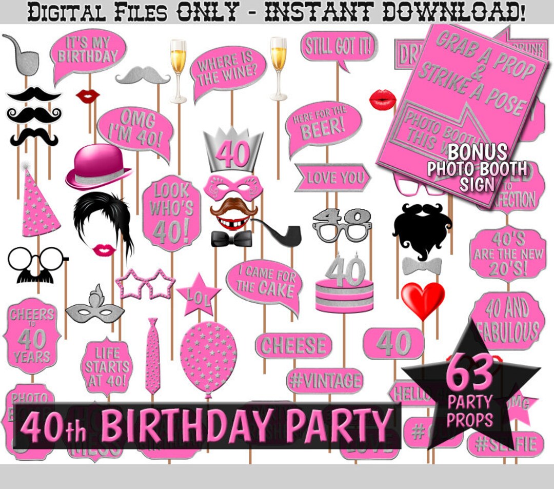 40th Birthday Party Printable Photo Booth Props, Hot Pink and Silver ...
