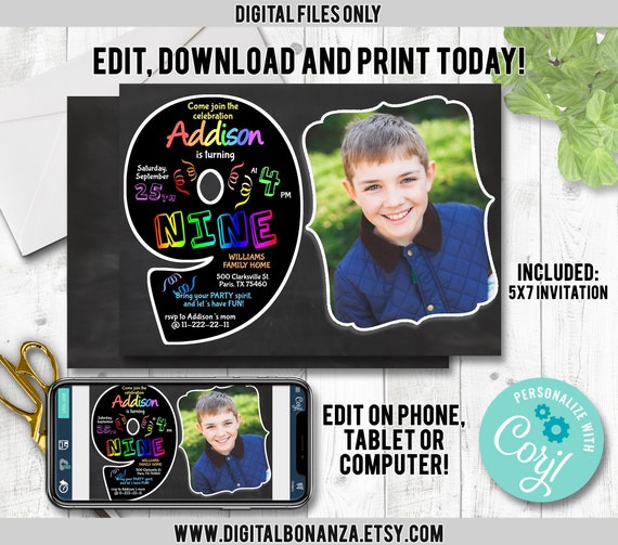 9th Birthday Invitation Chalkboard Invite. Edit Yourself Online. Nineth Birthday Party Invite with Photo Printable Digital DIY Corjl Il_570xn