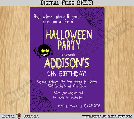 Halloween Invitation Kids Halloween Party Invite Costume Party Kids Birthday Party Purple Spider K0007 Il_570xn