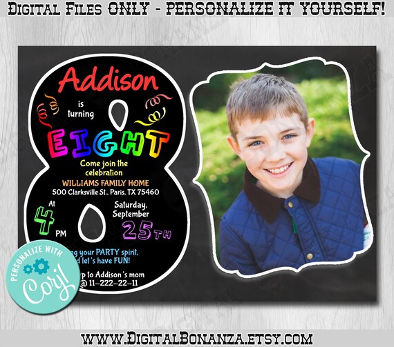 8th Birthday Invitation Chalkboard Invite. Edit Yourself Online. Eight Birthday Party Invite with Photo Printable Digital DIY Corjl KNB038c Il_570xn