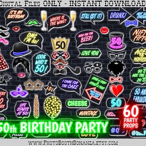 50th Birthday Party Printable Photo Booth Props. Multicolored NEON lights. Photobooth Selfie, Neon Birthday Party, Neon Glow Printable Props