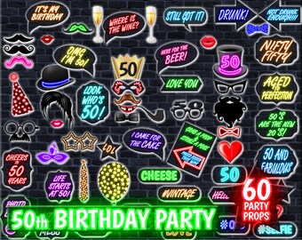 50th Birthday Neon Photo Booth Props, Printable (Digital Download)