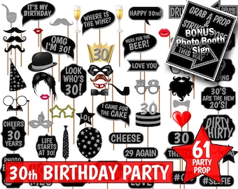 Accessori per photo booth per il 30° compleanno, glitter neri e argento (download digitale)