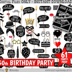 50th Birthday Party Photo Booth Props, Black and Silver Glitter. Printable Photobooth.