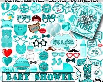 Accessori per photo booth turchesi per baby shower, set da 68 pezzi (download digitale)